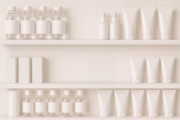 White personal care products neatly arranged on supermarket shelf mockup