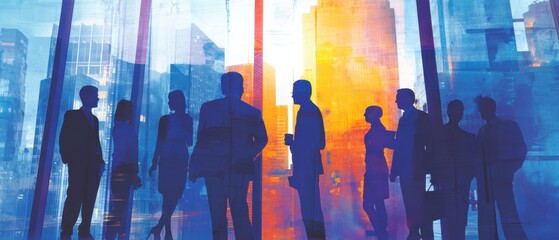Silhouettes of business professionals networking in an office with a vibrant cityscape background