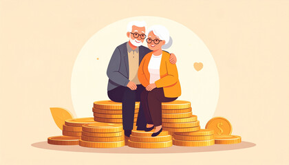 An elderly couple sitting on a stack of coins, symbolizing financial security and retirement planning. They are embracing each other, suggesting a peaceful and stable future