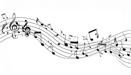 A dynamic musical composition with flowing staff lines, treble clef, and scattered notes, symbolizing rhythm, harmony, and creative expression.