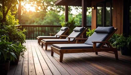 Obraz premium Outdoor deck lounge chairs at sunset