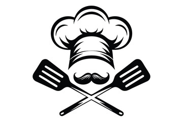 Black chef's hat rests above a mustache and crossed spatulas, showcased on white