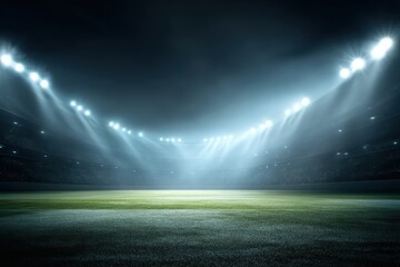 A brightly lit, empty sports stadium at night with vivid green grass and dramatic floodlights illuminating the field
