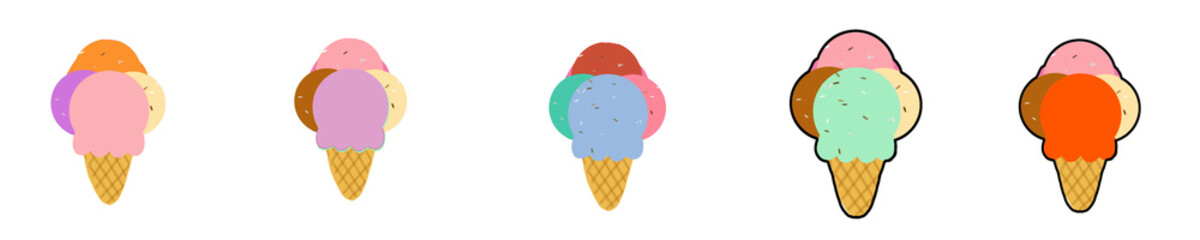 Colorful ice cream cones in various flavors and styles on white background  