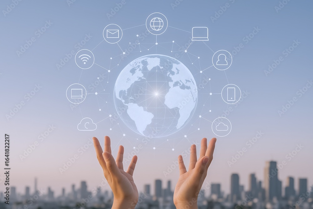 Poster global connectivity concept: hands holding a digital globe with network icons on cityscape backgroun