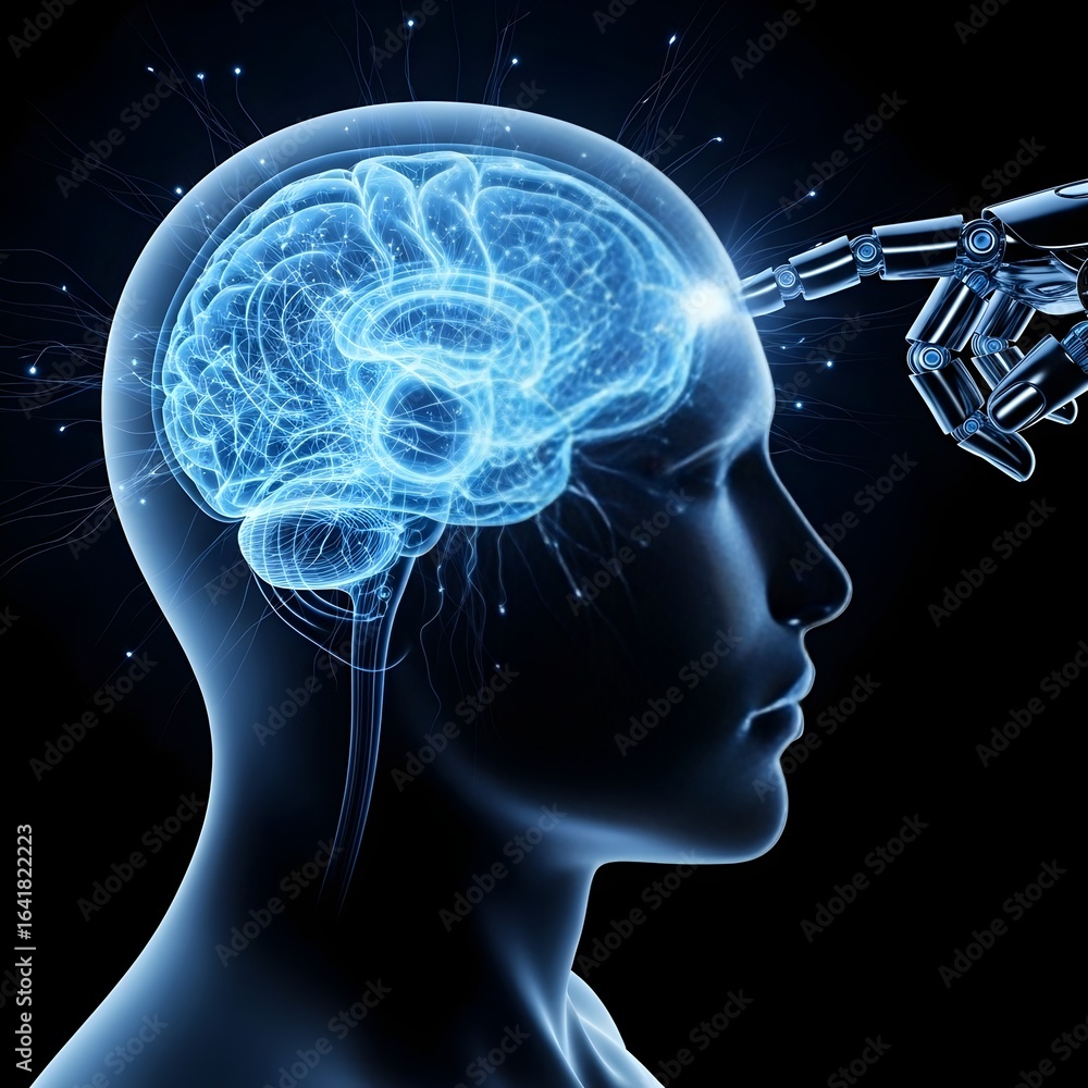 Poster robotic finger touching illuminated human brain symbolizing artificial intelligence and technology i