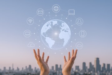 Global Connectivity Concept: Hands Holding a Digital Globe with Network Icons on Cityscape Background