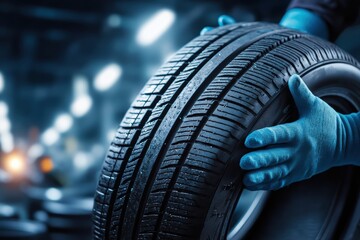A person wearing blue gloves is handling a new car tire in a well-lit automotive workshop or garage