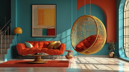 inspiring colorful retro living room with swing in stylish loft no logos no brands ar 169