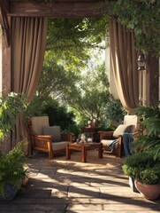 Obraz premium outdoor wood furniture on a patio with curtains creating a cozy and inviting space patio outdoor wood furniture curtains