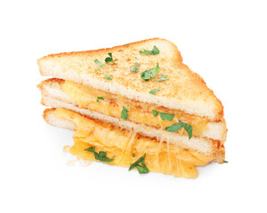 Delicious sandwiches with melted cheese and parsley isolated on white