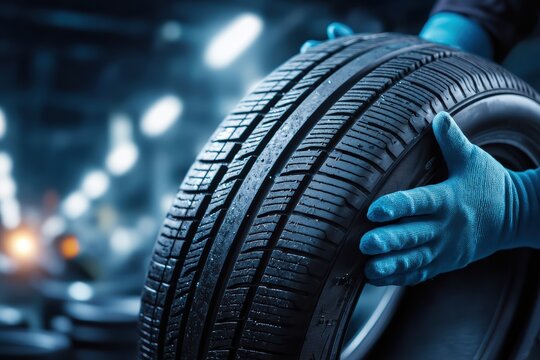 A person wearing blue gloves is handling a new car tire in a well-lit automotive workshop or garage