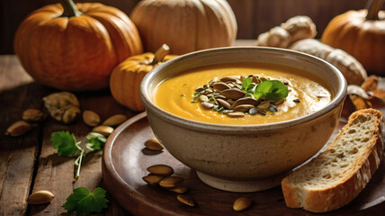 Creamy Pumpkin Soup with Seeds and Fresh Bread