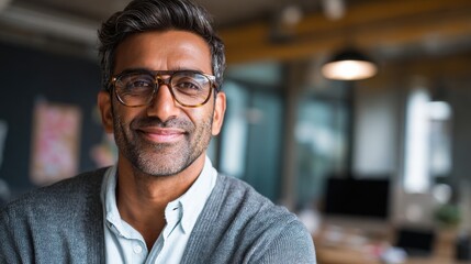 portrait of happy mature businessman wearing spectacles and looking at camera multiethnic satisfied man  feeling confident in a creative office successful middle eastern business man smiling no logos