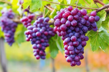 Clusters of ripe purple grapes hang from vines with lush green leaves in a vineyard setting