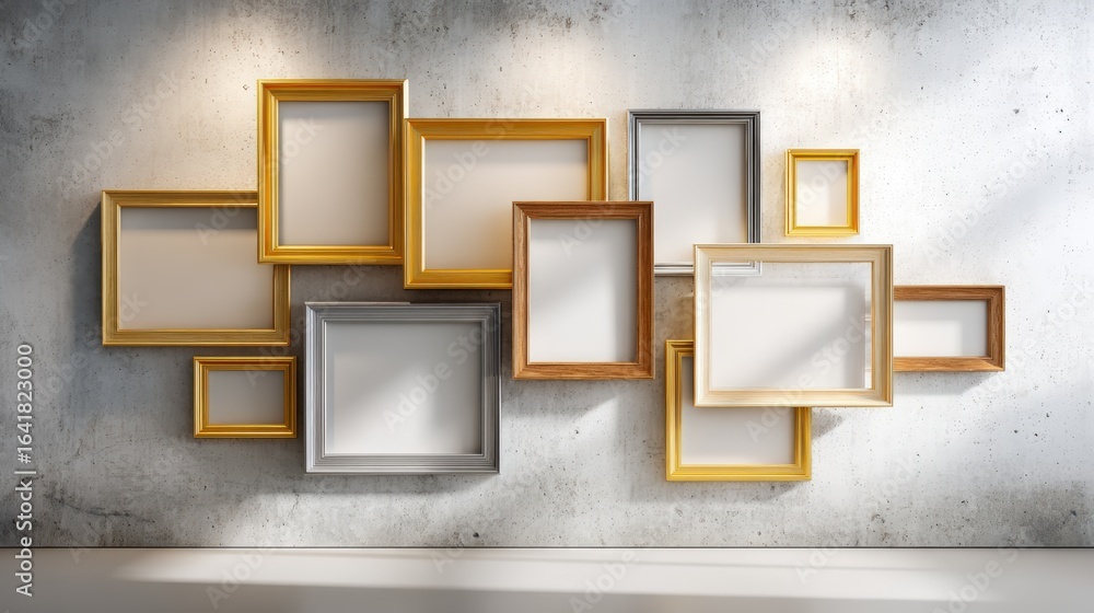 Poster gallery wall with multiple empty picture frames in various sizes on textured background