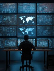 cybersecurity analyst at work a lone figure sits before a wall of hightech monitors displaying complex data streams and a world map symbolizing global cybersecurity vigilance and data protection