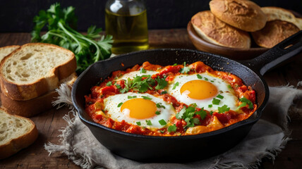 Fototapeta premium Kino XL serves a hearty shakshuka featuring perfectly cooked eggs nestled in spiced tomato sauce, garnished with fresh herbs, and accompanied by crusty bread on a rustic table