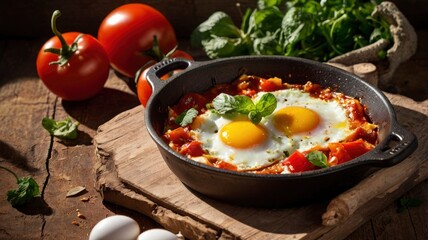 A dish of Kino XL Shakshuka showcases runny eggs nestled in a spicy tomato base, garnished with herbs. This tasty meal is served in a cast iron pan on a wooden table alongside fresh tomatoes