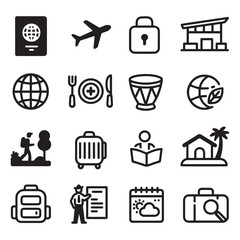 Obraz premium A passport with globe symbol, a crossed airplane silhouette, a locked suitcase, and an airport terminal with plane and terminal building.