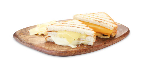 Tasty sandwiches with melted cheese isolated on white