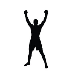 Black silhouette boxer raising fists in victory white