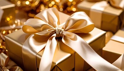 Luxe champagne gift boxes topped with flowing satin bows, bathed in warm golden bokeh for elegant holiday gifting ambiance