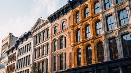 Fototapeta premium Architectural Facades of Historic Buildings, Featuring Ornate Details and Arched Windows in an Urban Setting