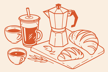 Breakfast or brunch with coffee and croissant doodle vector illustrations. Coffee cup mug icon in chalk, charcoal drawing style. Minimalist line art illustration for menus design, cafe decor or print.