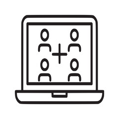 Line drawing of a laptop with four people and a plus sign displayed on the screen in black and white