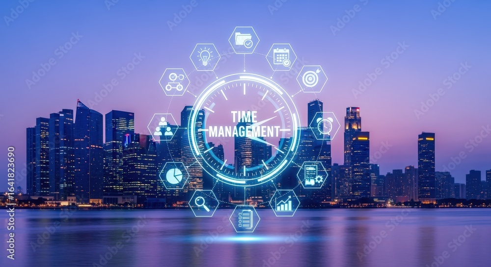 Poster time management concept over cityscape: abstract clock with business icons for efficiency and produc