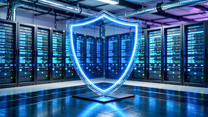 Glowing digital shield protecting a modern data center with server racks in a secure environment.