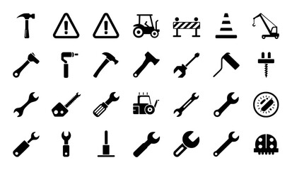 Construction tools warning signs and vehicles graphic set vector shape