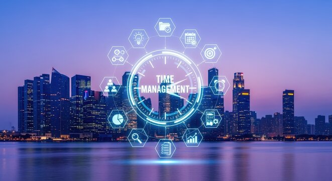 Time Management Concept over Cityscape: Abstract Clock with Business Icons for Efficiency and Productivity