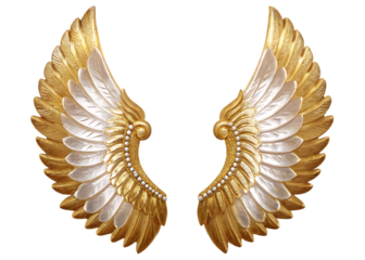 Ornate golden white feathered wings isolated on a transparent background