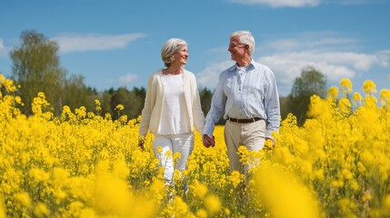 senior couple walking happily through a field of yellow flowers on a beautiful spring day no logos no brands ar 169