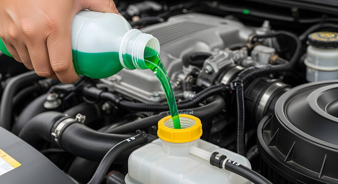 Close-up of pouring blue windshield washer fluid into a car's reservoir during vehicle maintenance.