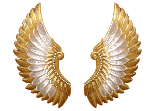 Ornate golden white feathered wings isolated on a transparent background