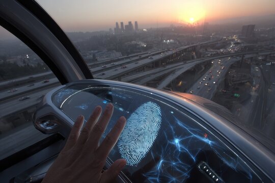 Futuristic vehicle scanning fingerprint with cityscape sunset background, highlighting innovation, technology, and seamless authentication for secure transportation experiences.