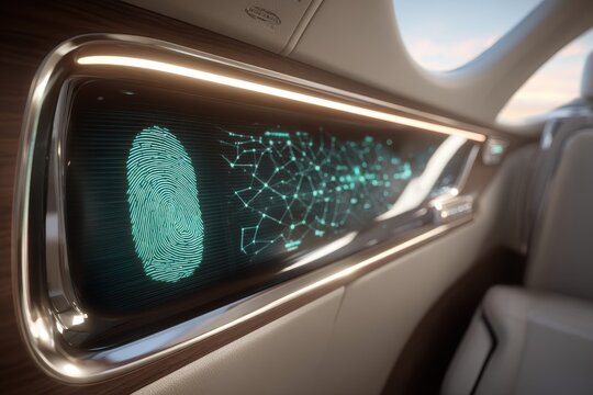 A high-tech futuristic interface displaying a fingerprint scan and data network connections, integrated into a sleek, modern vehicle interior with luxurious finishes.