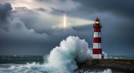 Obraz premium Lighthouse in Stormy Seas: A Beacon of Hope