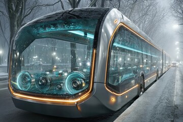 A futuristic articulated bus design with advanced technology elements on a snowy road, reflecting the innovative and sustainable future of public transport.