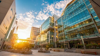 Fototapeta premium Modern Office Buildings with Glass Facades at Sunset: Commercial Real Estate and Corporate Environment