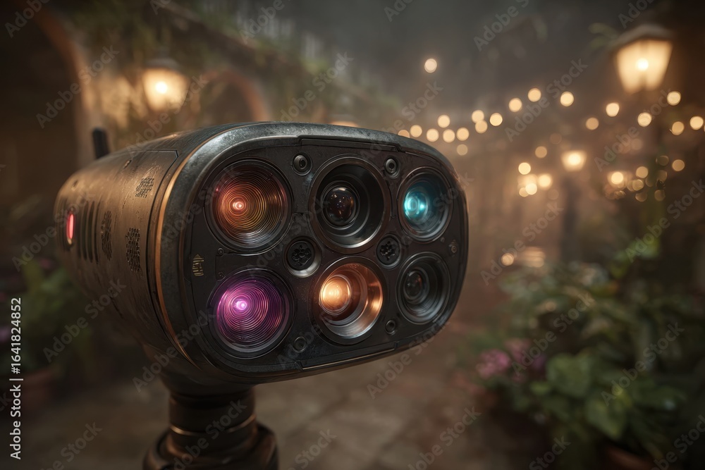 Poster a futuristic camera device with multiple lenses capturing an outdoor scene, boasting enhanced optica