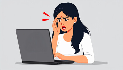 A frustrated person, with an anxious expression, is looking at a laptop screen