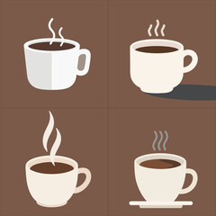 Minimalist flat vector illustration of a coffee cup with steam rising, clean and simple design, isolated on white background. Perfect for cafe branding, coffee shop logo, menu design, and digital grap