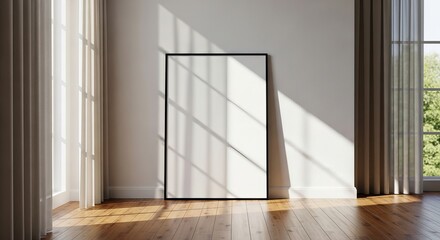 Blank frame mockup on white wall with sunlight and curtain shadow indoor