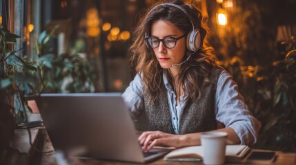 Young woman wearing headphones works on a laptop in a cozy, plant-filled workspace with warm lighting