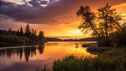 Fototapeta premium Golden Sunset Over Tranquil Lake with Tree Silhouettes V8