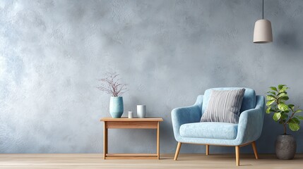 interior with grey wall blue armchair and wood side table no logos no brands ar 169
